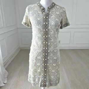 Beaded Silver Shift Dress Women 12 Cocktail Retro Wedding MOB Formal Vintage NYE